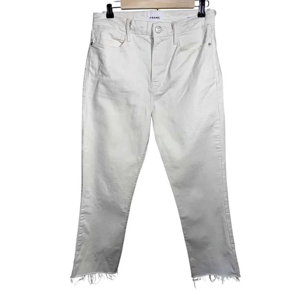 FRAME Women's Le Super High Straight Distressed Cropped Denim Jeans White 29